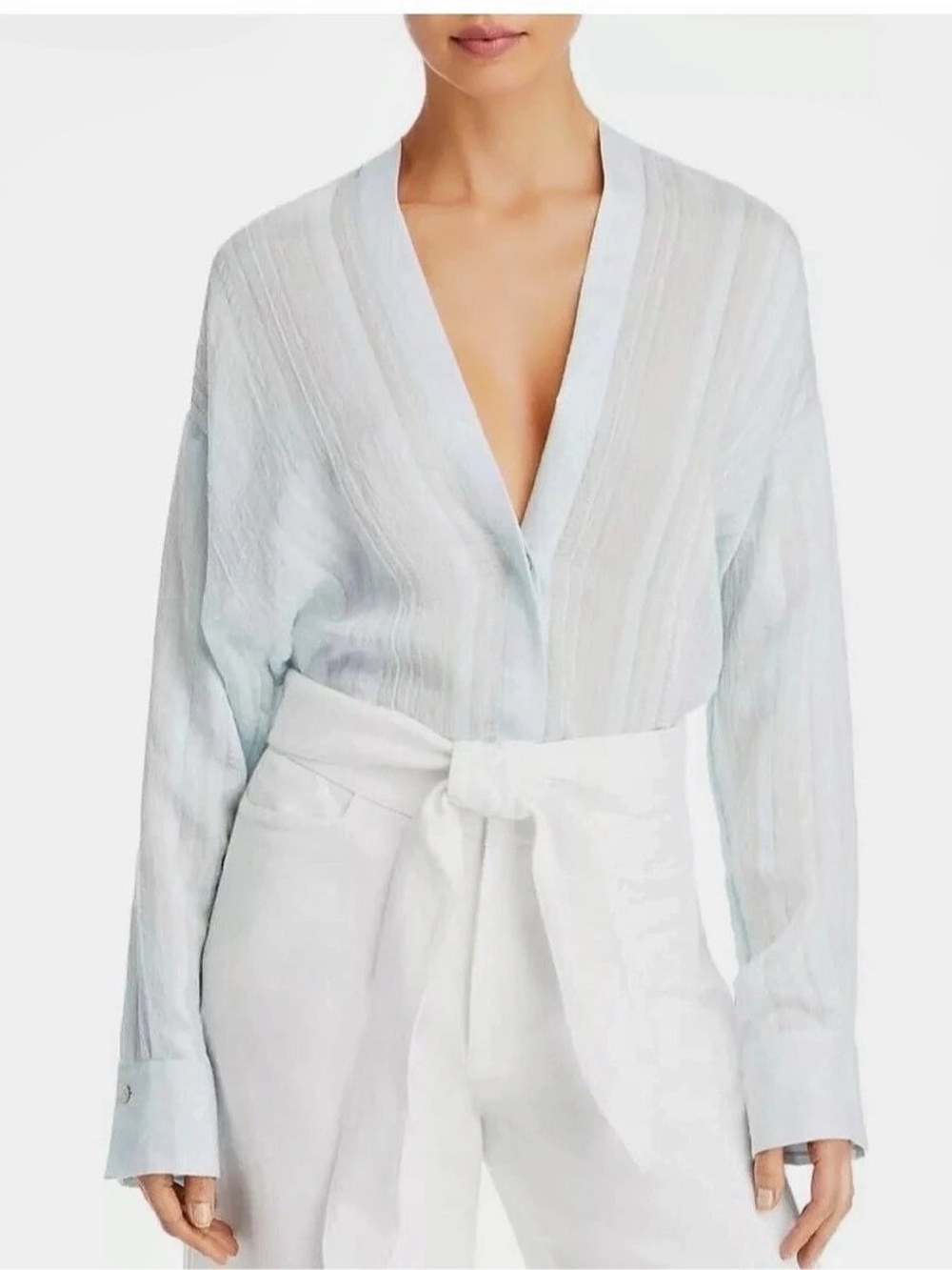 Vince Textured Stripe V-Neck Pullover Blouse Blue & White Large